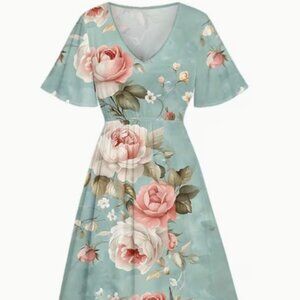 Country Blue with Roses Flowers and Side Slit Maxi Boho V neck Dress